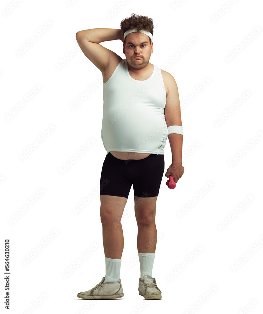 An overweight man feeling the after effects of a gym session isolated on a PNG background. An overweight man feeling the after effects of a gym session isolated on a PNG background.