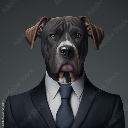 Boxer dog in a suit and tie on a gray background. Created by AI © Dzen
