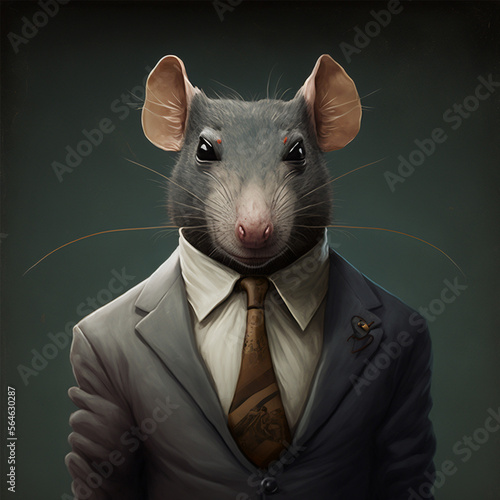 Portrait of a rat in a business suit on a dark background. created by AI