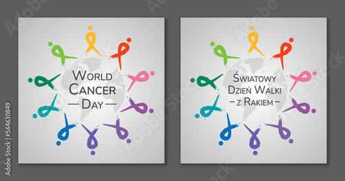 World Cancer Day. Colorfull ribbons. Polish and english.