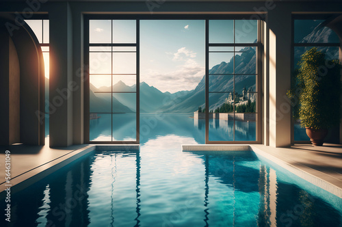 luxurious swimming pool in a spa hotel with large windows and a beautiful view © Maya Kruchancova
