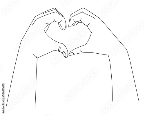 Hands of couple in love making a heart shape with their fingers. Vector isolated line illustration.