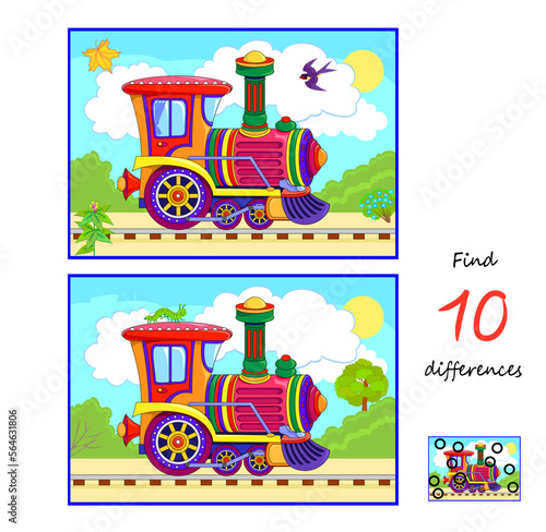 Find 10 differences. Illustration of toy locomotive. Logic puzzle game for children and adults. Page for kids brain teaser book. Developing counting skills. Vector drawing.