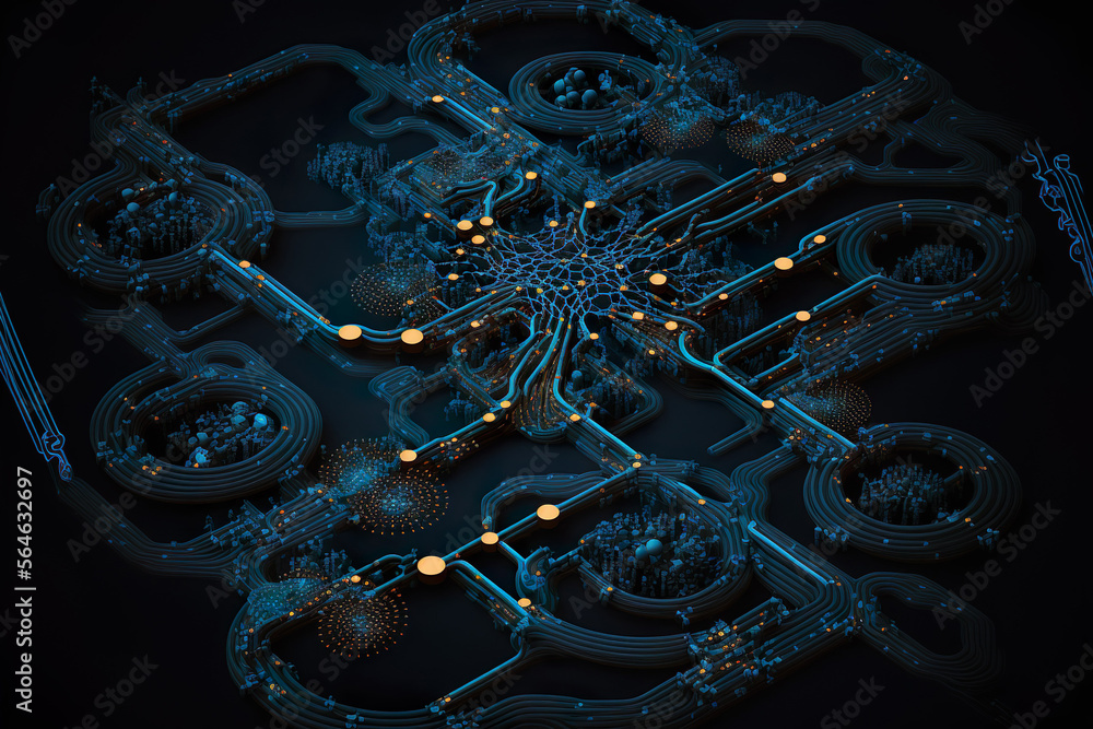 Busy Business Transactions and Data Transfer on a Dark Blue Tech Synapse and Synergy Desktop Wallpaper