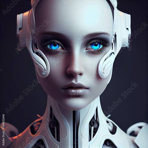 Robot android girl with blue eyes in black background crated with Generative AI technology photo