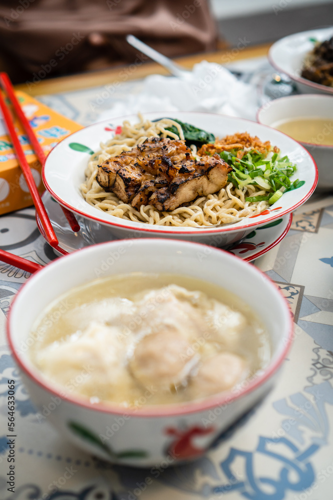 Asian Chicken Noodles and Meatballs Soup or Called Bakmi Ayam