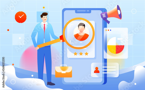 Recruiters of the company are looking for employees, against the background of various data and indicators, vector illustration