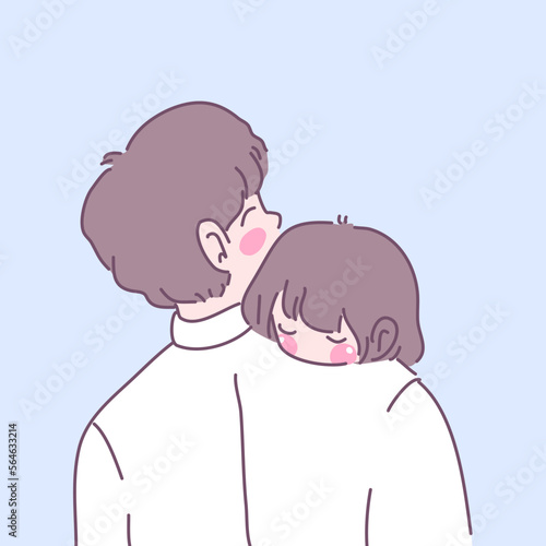 The daughter cuddled with her father on the neck lovingly.
