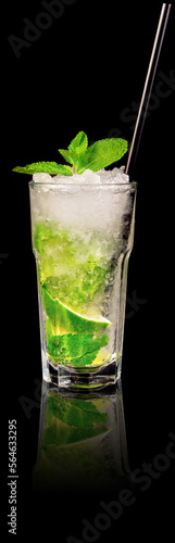 Fresh cocktail with gin and lime on black background