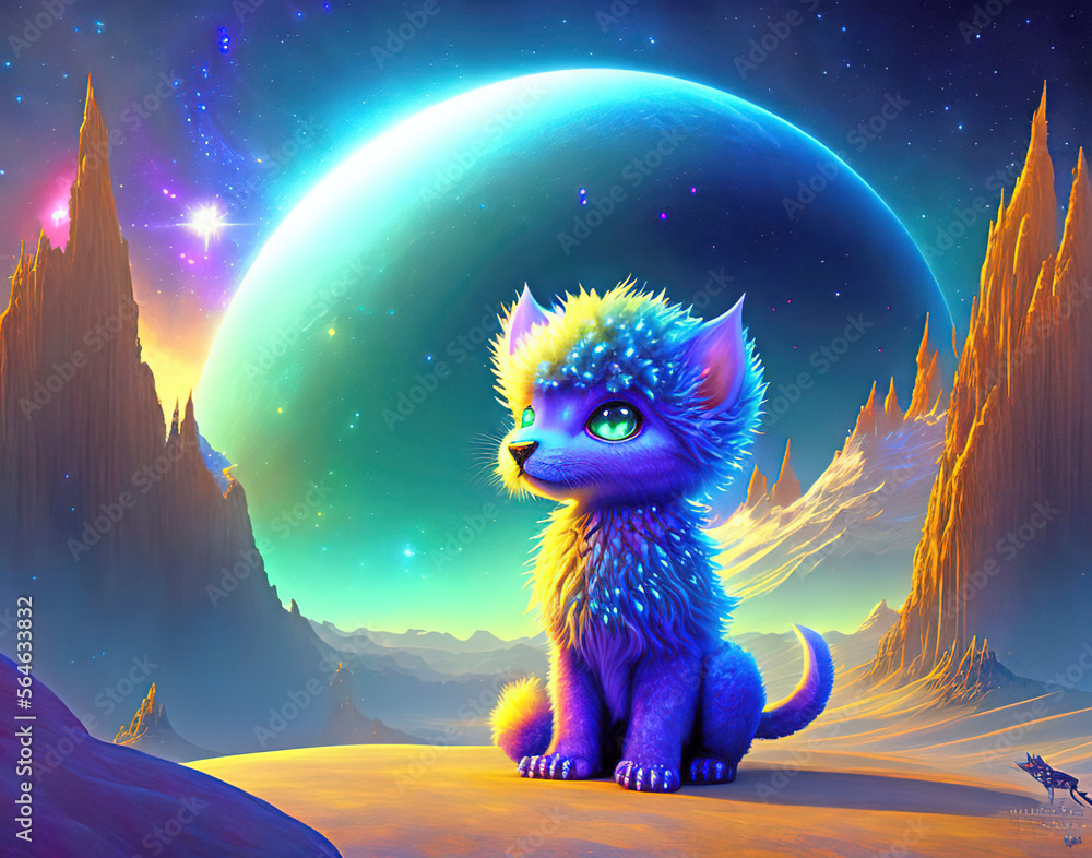 Cute small blue fantasy lion cub sits on the ground of a rocky planet in space illuminated by moonlight at night. Generative AI illustration