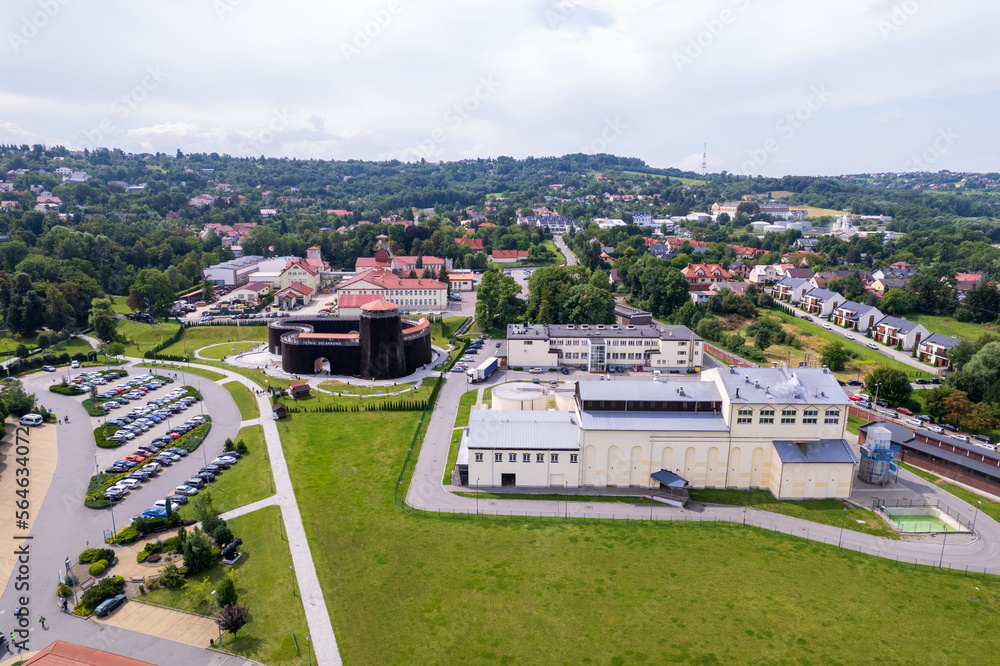 Wieliczka, Lesser Poland. Salt mine, graduation tower, railway station and other popular buildings and architecture on a sunny day in Wieliczka.