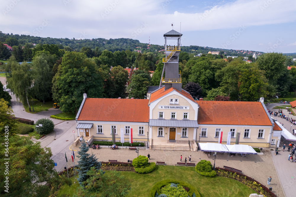 Wieliczka, Lesser Poland. Salt mine, graduation tower, railway station and other popular buildings and architecture on a sunny day in Wieliczka.