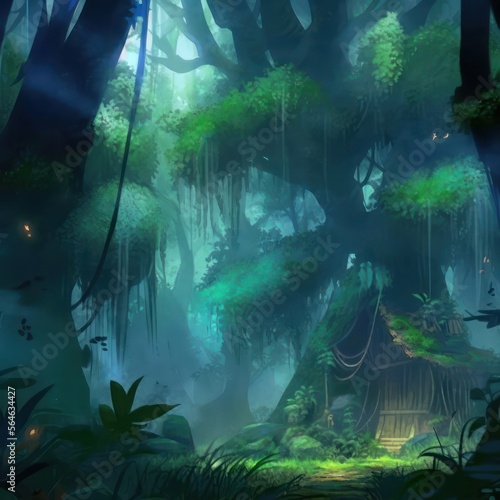 Green fantasy forest illustration peaceful digital art. Generative AI. © SaraY Studio 
