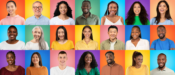 Different happy multiethnic people standing isolated over bright multicolored backgrounds