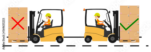 Forklift safety driving reverse when loading boxes, vector illustration