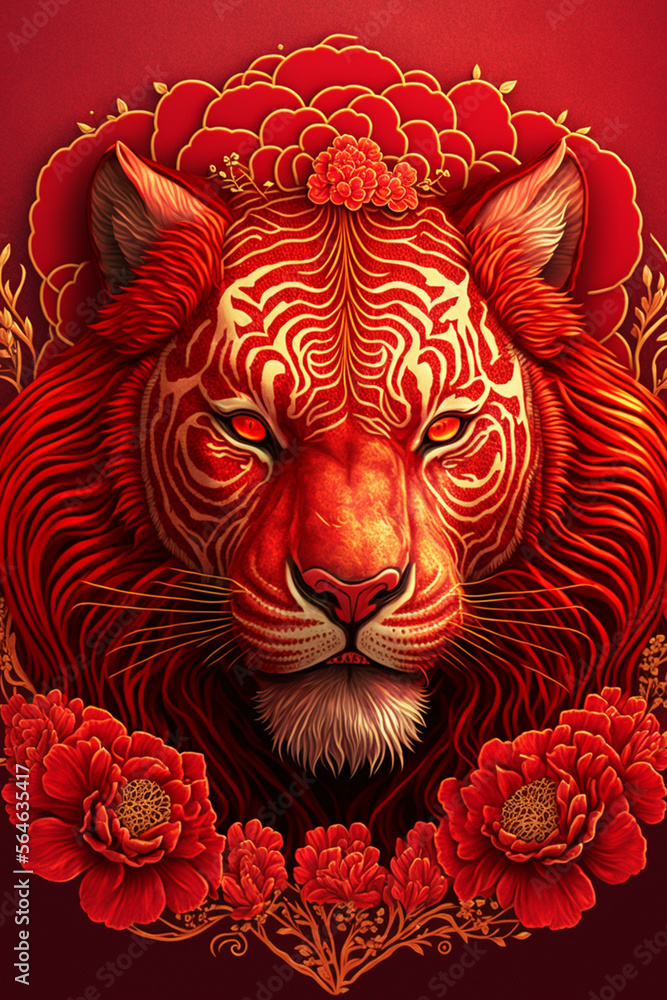 Chinese zodiac red tiger head and red flower design