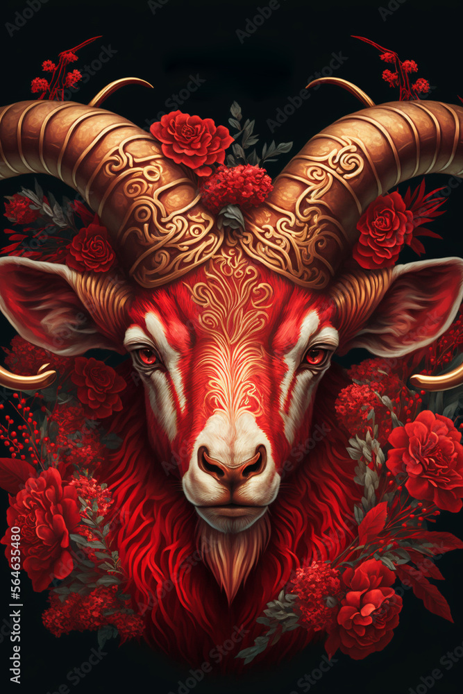 Chinese zodiac red goat head and red flower design