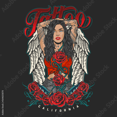 Tanned tattooed woman colorful flyer