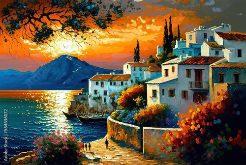 painting style illustration of seaside cityscape with ocean view in evening time, inspired from Greece Generative Ai photo