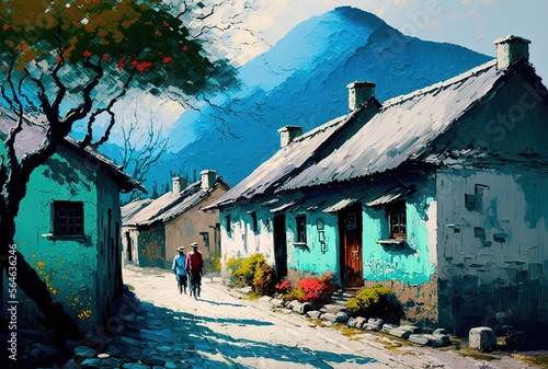 oil paining style illustration of Asian ancient village in spring season with flower blossom tree Generative Ai