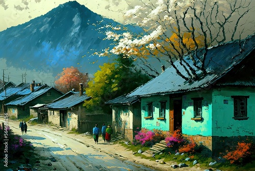 oil paining style illustration of Asian ancient village in spring season with flower blossom tree Generative Ai photo