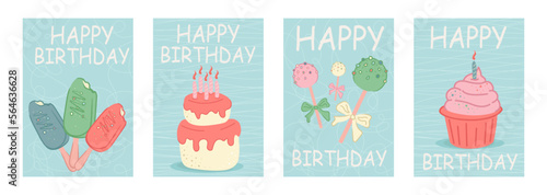 set with birthday greeting cards with sweets. Vector postcard with cupcake, popsicle, cake, cupcakes, cake