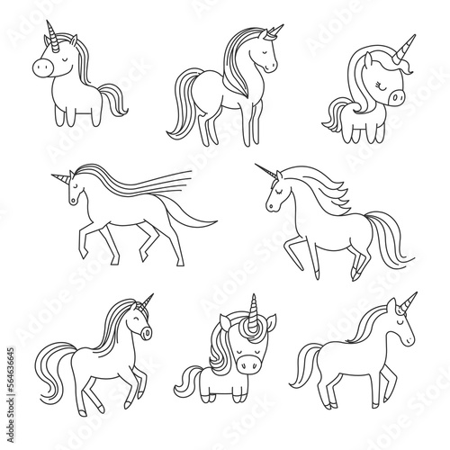 8 Unicorns doodle icons. Vector graphic elements. Horse unicorn, baby horse, pony and horse unicorn stickers