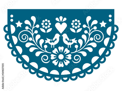 Papel Picado vector round design with birds, heart and flowers, Mexican fiesta cutout decoration in turquoise on white

