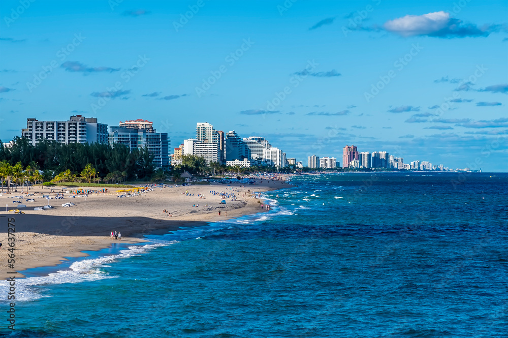 A view down the shoreline at the mouth of the Stranahan river from Port Everglades, Fort Lauderdale on a bright sunny day