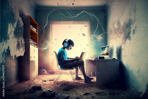 Surreal Study: A Scene of a Person Sitting Alone with a Laptop