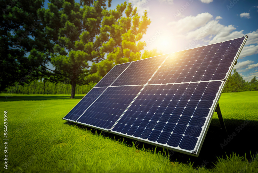 Solar panels row on a grass of green lawn. Solar energy generation. Renewable energetics. Generative AI