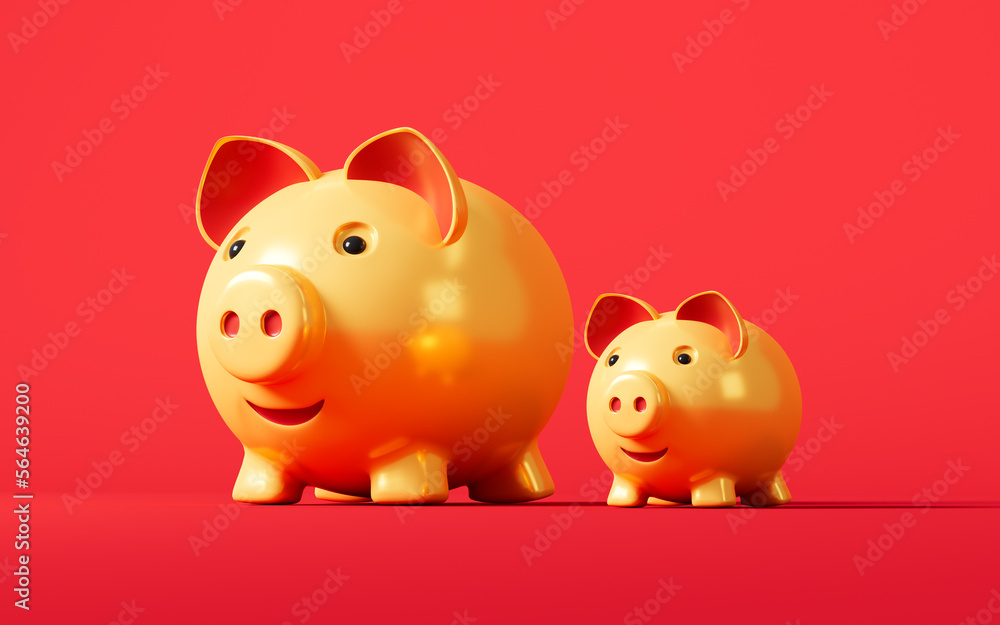 Gold piggy banks in the red background, 3d rendering.