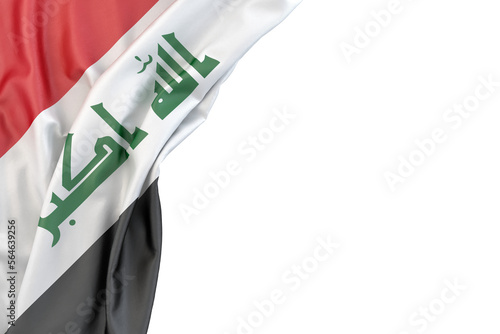 Flag of Iraq in the corner on white background. 3D illustration. Isolated