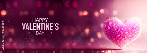 Happy Valentine's Day Text With 3D Render Of Shiny Pink Glittery Heart Shape On Bokeh Background.
