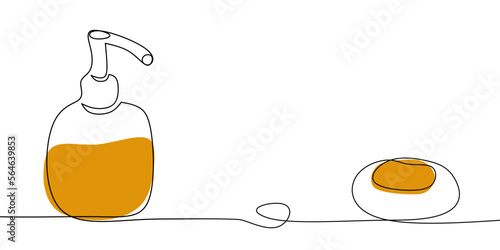One line drawing of dispenser with liquid soap and a piece of soap on a soap dish. Vector continuous one single line drawing. 
