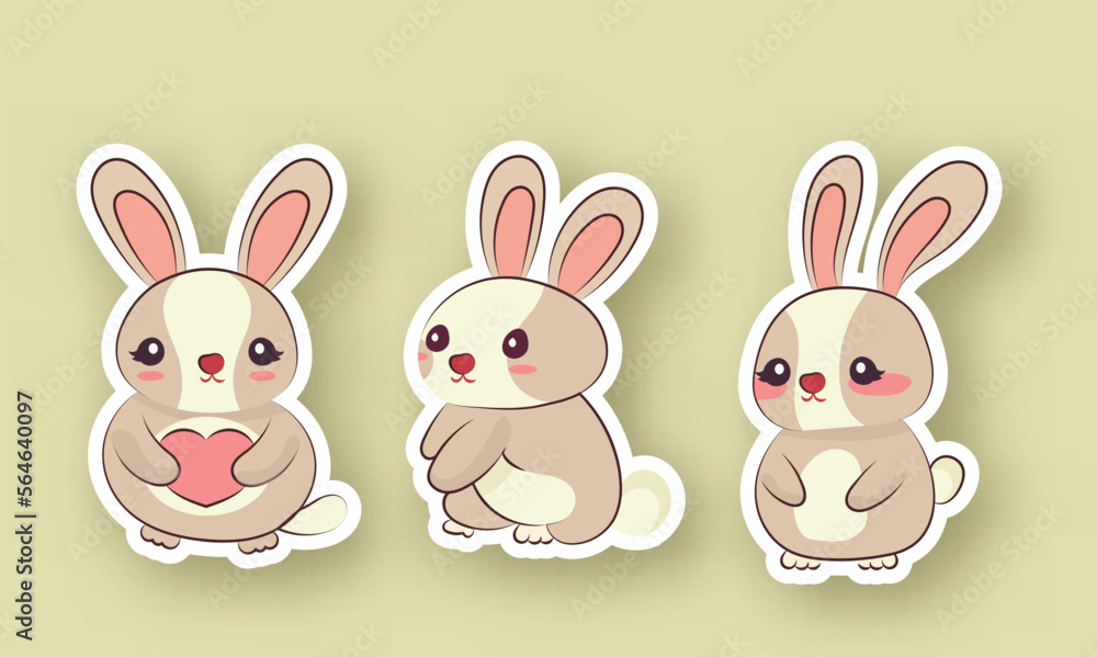 Sticker Style Cute Bunnies Characters With A Heart. Sticker Style Cute Bunnies Characters With A Heart.