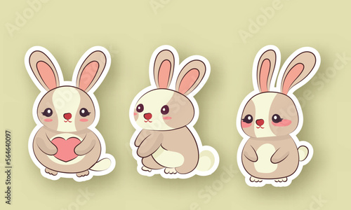 Sticker Style Cute Bunnies Characters With A Heart.
