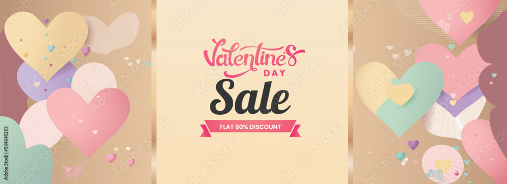 Valentine's Day Sale Banner or Header Design And Colorful Paper Heart Shapes Background. Valentine's Day Sale Banner or Header Design And Colorful Paper Heart Shapes Background.
