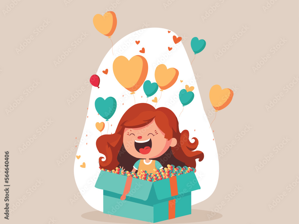 Cheerful Girl Character With Balloons, Heart Shapes Coming Out of Surprise Box And Copy Space. Love Or Valentine's Day Concept.
