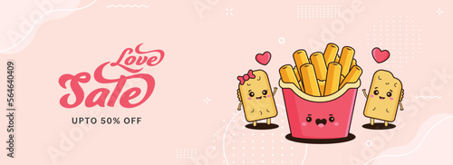 UP TO 50% Off For Love Sale Banner or Header Design With Funny Pizza Puffs or Potato Couple And French Fries Box. Happy Valentine's Day Concept. © Abdul Qaiyoom