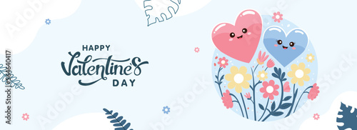 Happy Valentine's Day Concept With Smiley Heart Shapes, Floral On Light Turquoise And White Background.