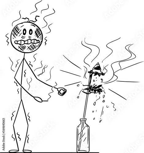 Firework Exploded During Lightning, Vector Cartoon Stick Figure Illustration