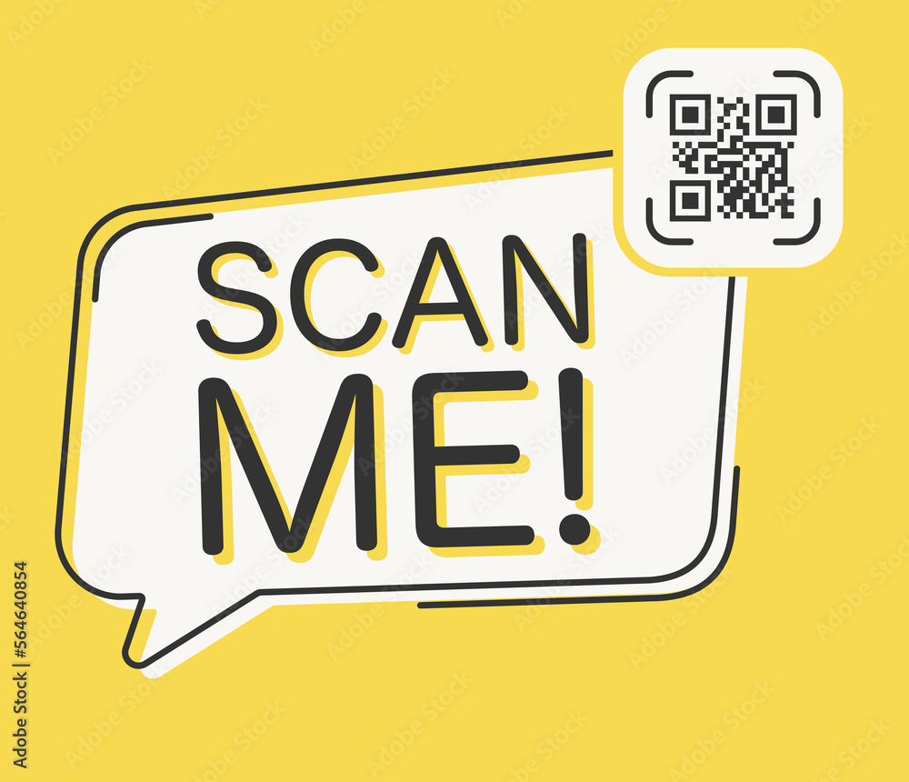 QR code scan me in speech bubble, scan me concept, icon. QR code scan me in speech bubble, scan me concept, icon.