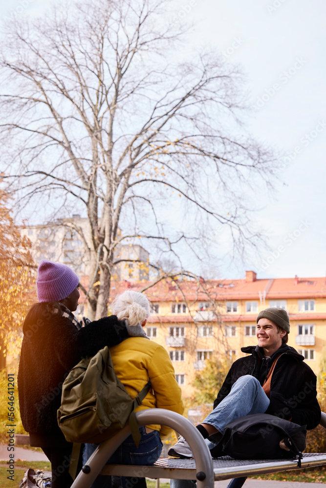 Three friends in park in autumn scenery Three friends in park in autumn scenery