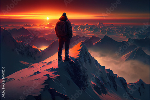 Man watching the sunset from a mountain peak ,Generative AI © Thumbs