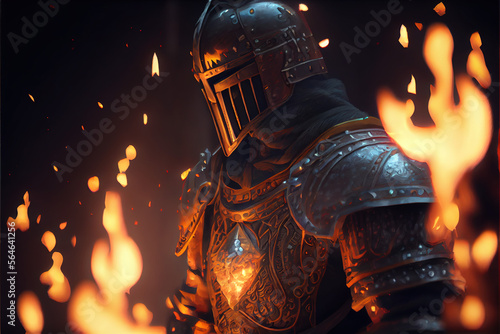 Medieval chivalry, Knight in shining armor with fire in the background, Generative AI
