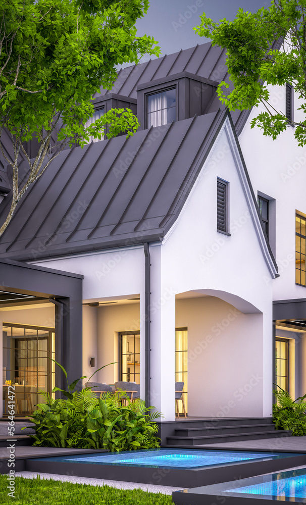 3d rendering of cute cozy white and black modern Tudor style house with parking  and pool for sale or rent with beautiful landscaping. Fairy roofs. Clear summer evening with cozy light from window