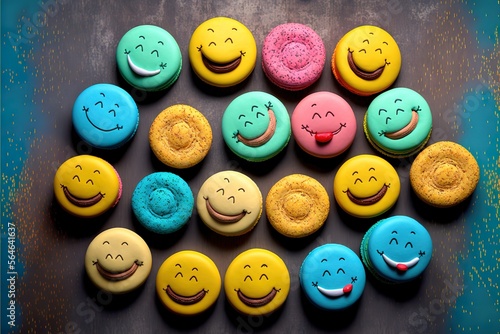 Colorful macaron cookies arranged in shape of emoji smile