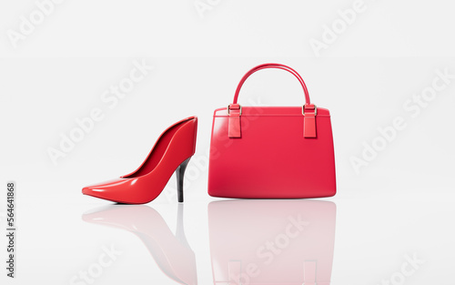 High heel and handbag in the white background, 3d rendering.
