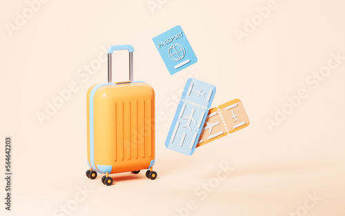 Luggage and airplane tickets in the yellow background, 3d rendering.